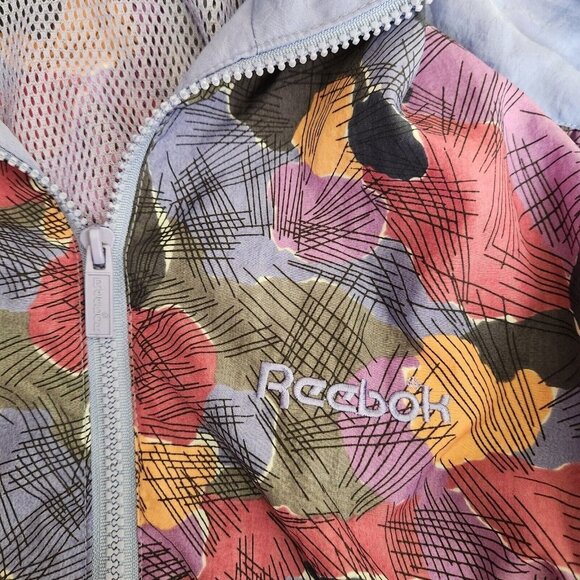 Vintage 90s Reebok Purple‎ Abstract Hooded Full Zip Track Long Jacket Size L - Picture 7 of 14